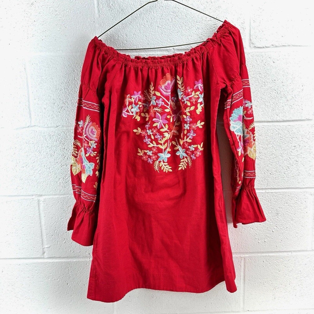 Free People Red Fleur Du Jour Embroidered Mini Off the Shoulder Dress Sz S - Picture 1 of 8